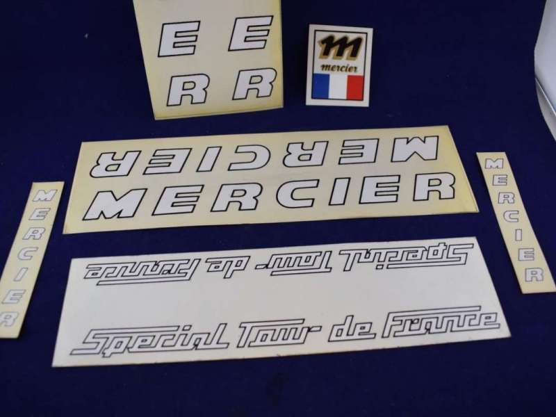 MERCIER Set decals stickers 6pcs white / black edging Vintage original 1980s NOS